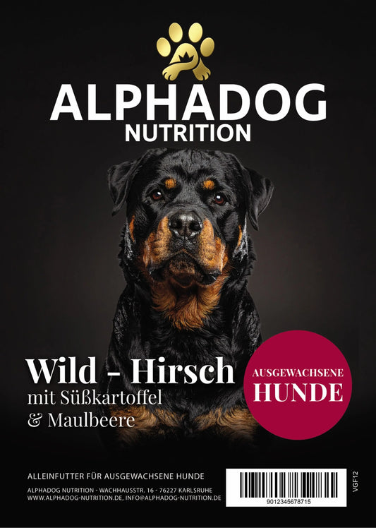 Premium Adult mit 50% frischem Wild & Hirsch, Süßkartoffel, Lachs & Maulbeere Alphadog Nutrition