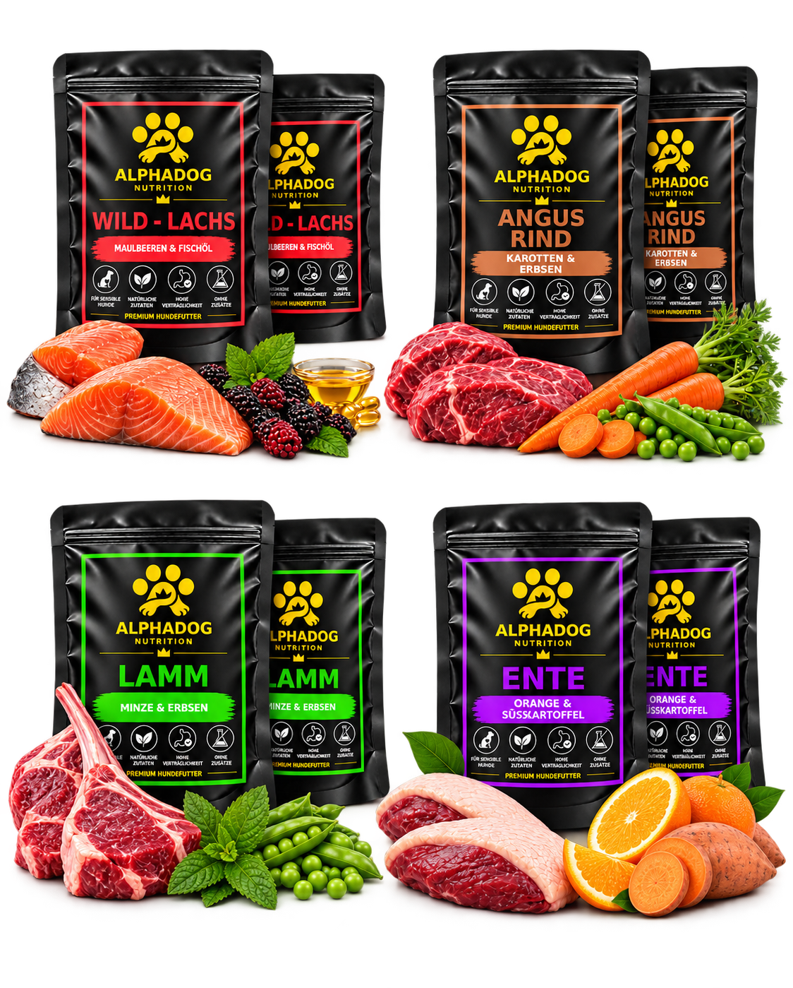 Probierpaket für wählerische Hunde 2kg oder 4kg - Mit Lamm, Rind, Ente, Wild & Lachs – von Alphadog Nutrition