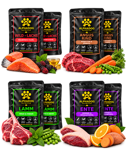 Probierpaket für wählerische Hunde 2kg oder 4kg - Mit Lamm, Rind, Ente, Wild & Lachs – von Alphadog Nutrition