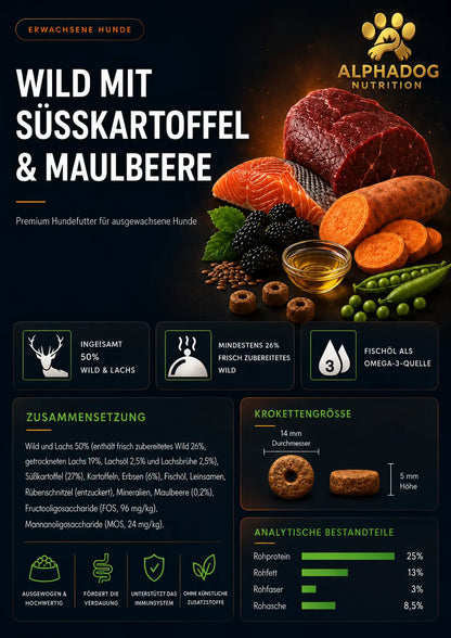 Premium 50% frischem Wild & Lachs, Süßkartoffel, Fischöl & Maulbeere - Immunsystem, Haut & Fell Alphadog Nutrition
