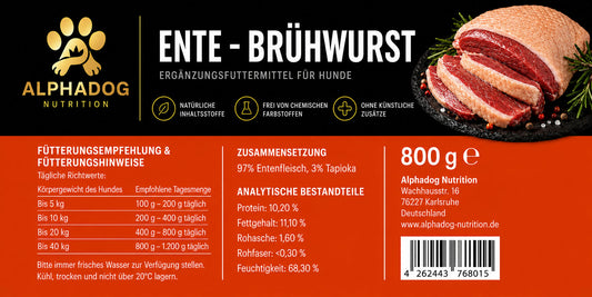 97% Entenfleisch PUR Ergänzungsmittel - BARF Trainingswurst Alphadog Nutrition