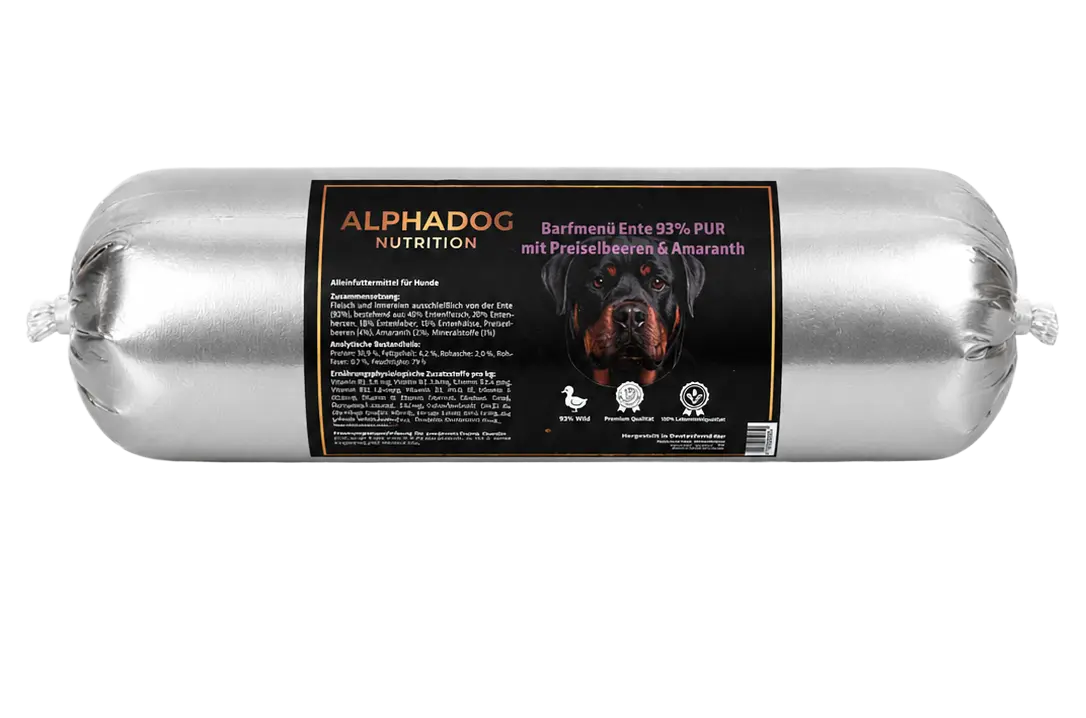 BARF Ergänzungswurst 93% Ente PUR mit Preiselbeeren & Amaranth - Allergiker, + Immunsystem Alphadog Nutrition