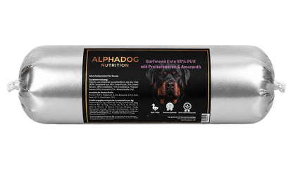 BARF Ergänzungswurst 93% Ente PUR mit Preiselbeeren & Amaranth - Allergiker, + Immunsystem Alphadog Nutrition