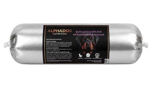 BARF Ergänzungswurst 93% Ente PUR mit Preiselbeeren & Amaranth - Allergiker, + Immunsystem Alphadog Nutrition