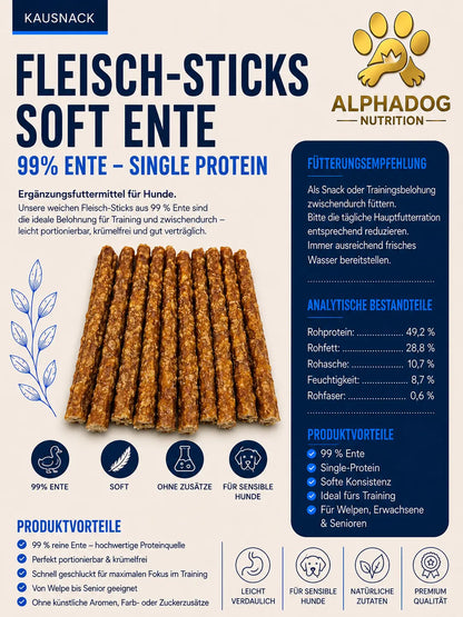Premium Fleisch Sticks 99% Ente - Sensible Mägen Alphadog Nutrition