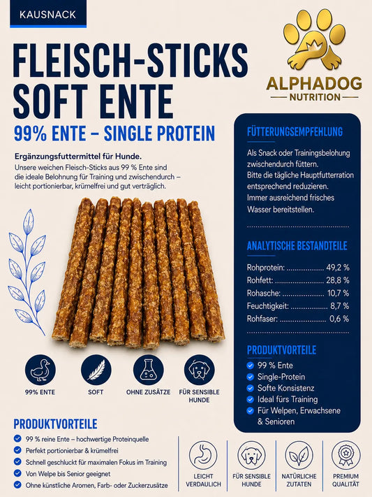 Premium Fleisch Sticks 99% Ente - Sensible Mägen Alphadog Nutrition