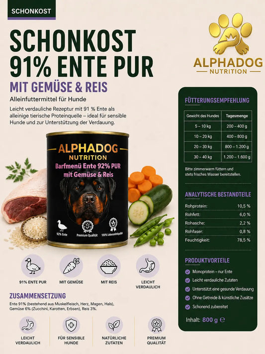 Premium Sensitiv 91% Ente mit Gemüse & Reis - Vital Balance Alphadog Nutrition