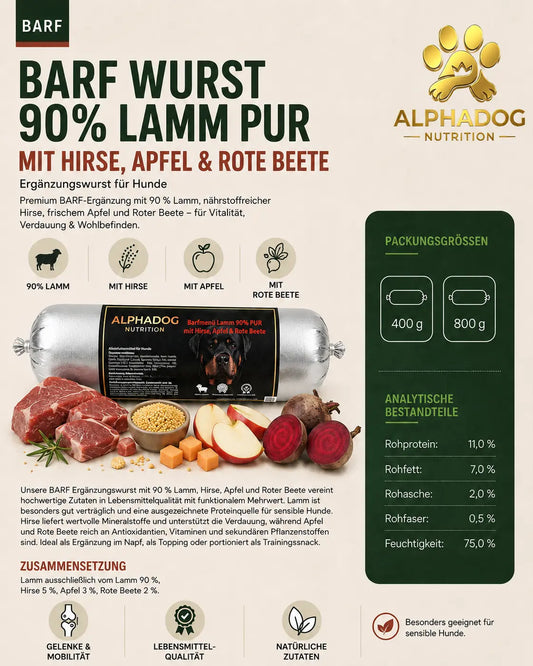 BARF Ergänzungswurst 90% Lamm PUR mit Süßkartoffel & Apfel - Hypoallergen, + Verdauung Alphadog Nutrition