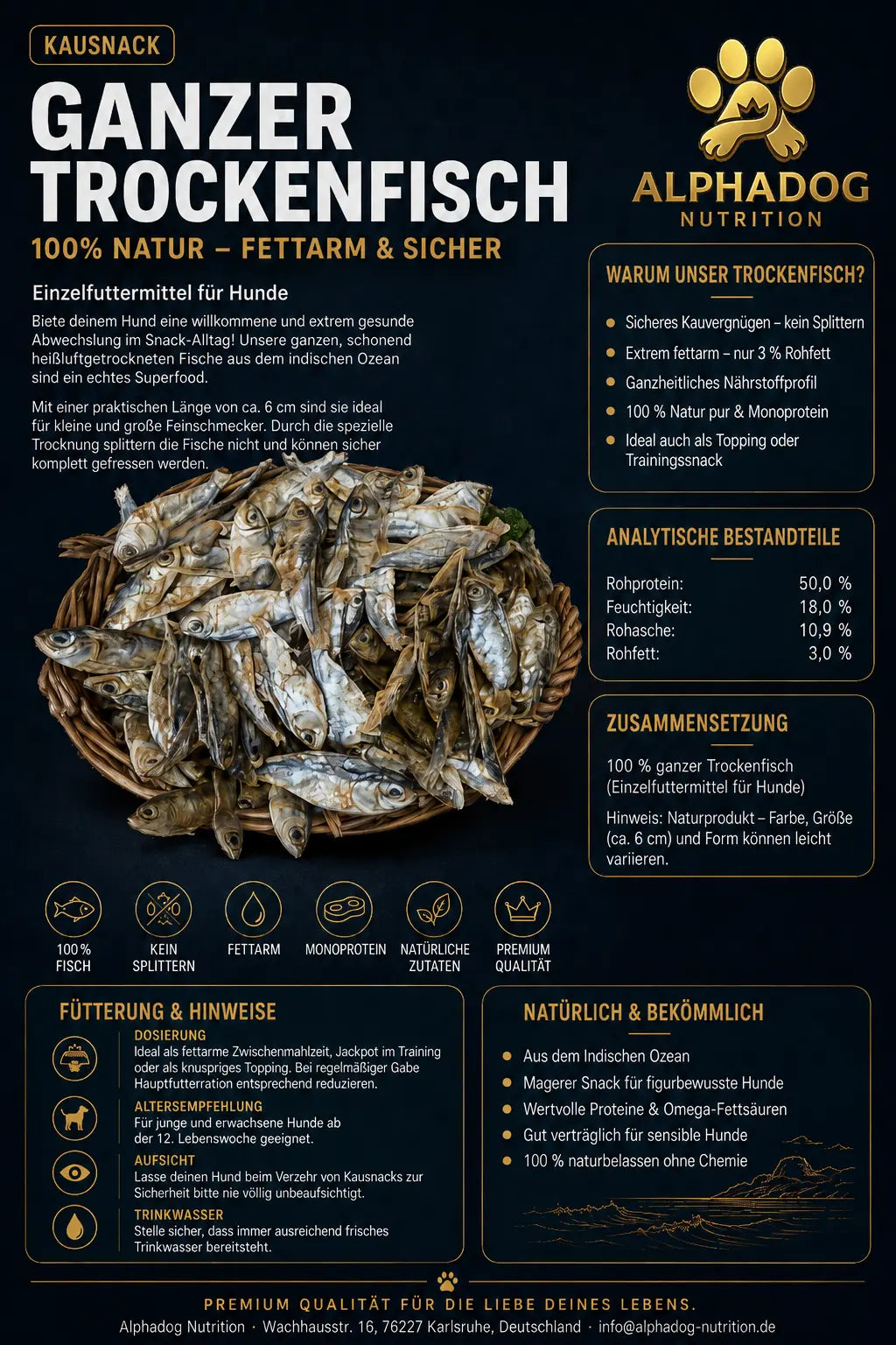 Premium 100% Fisch, getrocknet - Magen-Darm-Probleme, Allergien Alphadog Nutrition