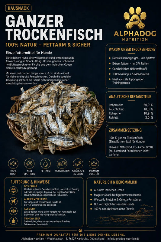 Premium 100% Fisch, getrocknet - Magen-Darm-Probleme, Allergien Alphadog Nutrition