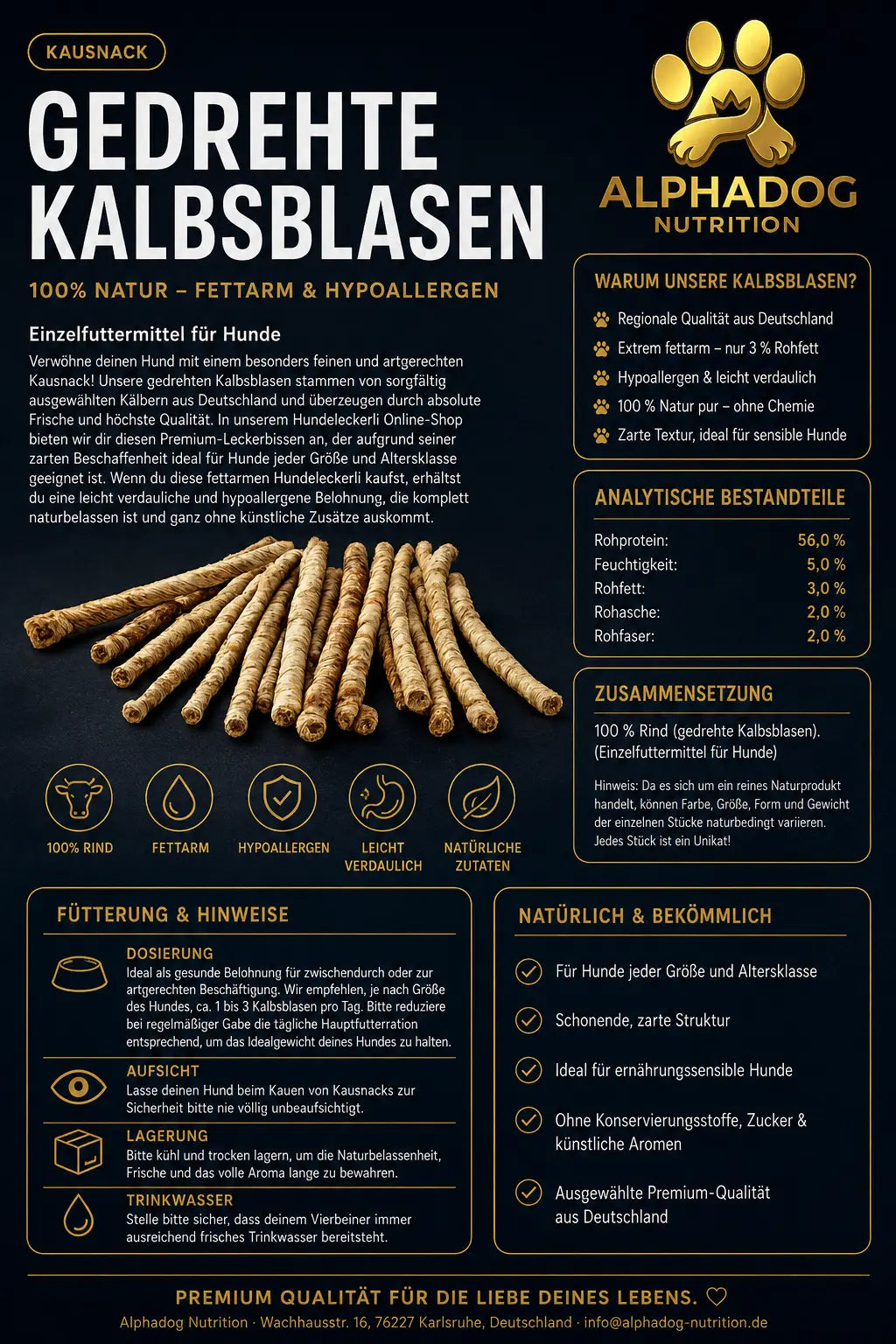 Premium 100% gedrehte Kalbsblasen - Gegen Übergewicht, Verdauung & Allergien Alphadog Nutrition