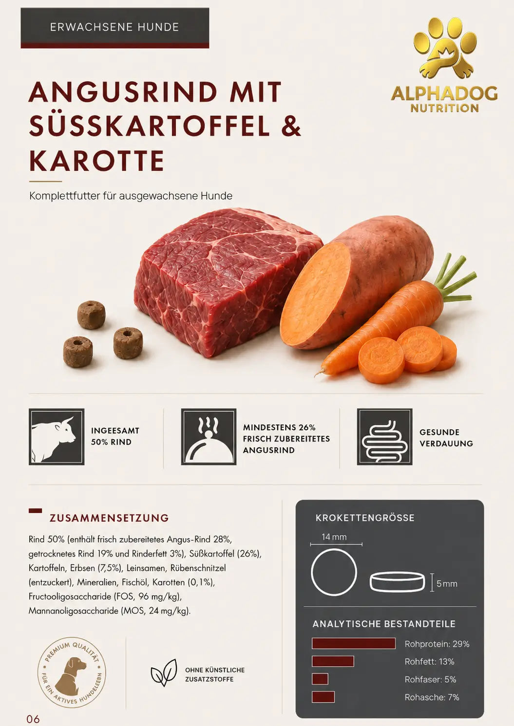 Premium Adult 50% frisches Angus-Rind mit Süßkartoffel, Erbsen & Karotte Alphadog Nutrition