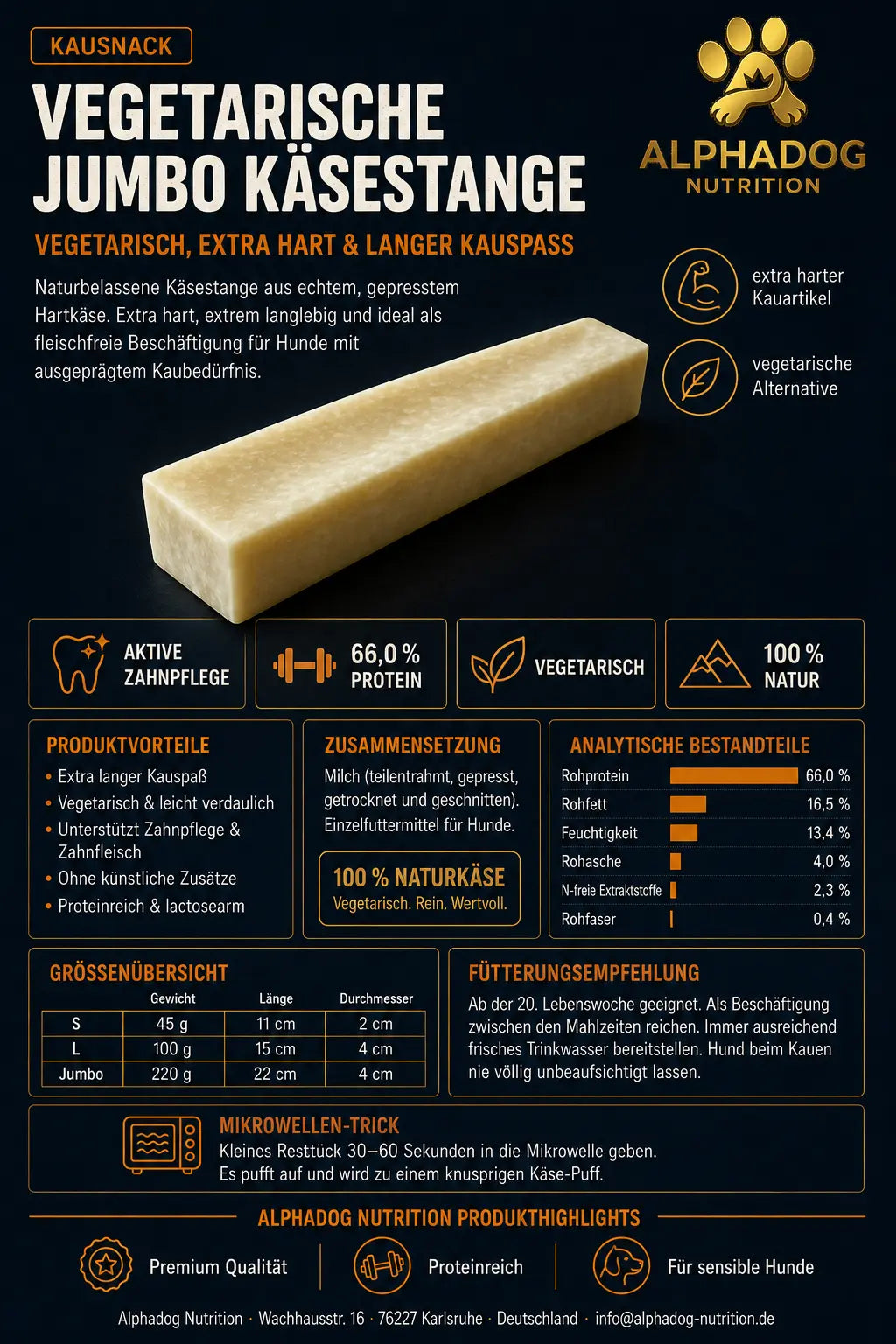 Premium Naturreiner Jumbo Käsestange - Alphadog Nutrition