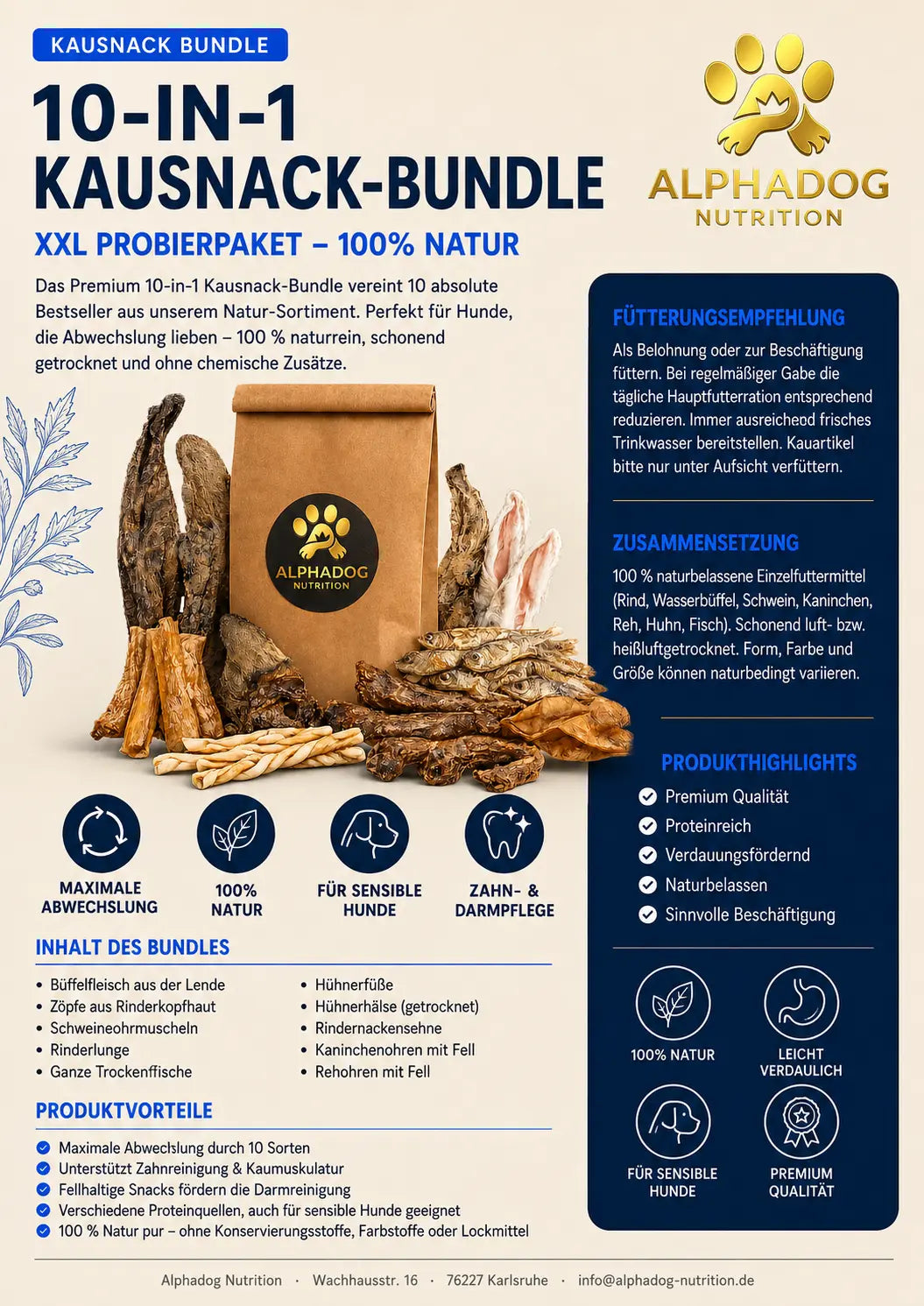 Premium Kausnack Bundle - 10 teilige Verwöhn Box Alphadog Nutrition