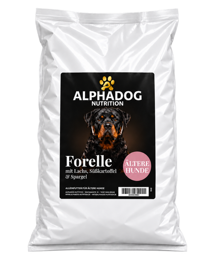 Getreidefreies Trockenfutter für Senior 50% Forelle mit Lachs davon 30% frischem Forelle mit 24% Süßkartoffel, 3% Lachsöl, 6% Erbsen & Spargel - Omega 3, Gelenk
