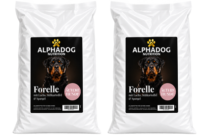 Getreidefreies Trockenfutter für Senior 50% Forelle mit Lachs davon 30% frischem Forelle mit 24% Süßkartoffel, 3% Lachsöl, 6% Erbsen & Spargel - Omega 3, Gelenk