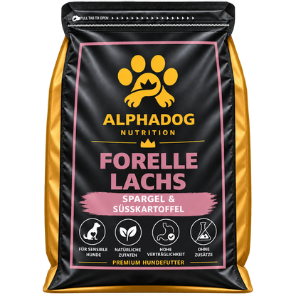 Getreidefreies Trockenfutter für Senior 50% Forelle mit Lachs davon 30% frischem Forelle mit 24% Süßkartoffel, 3% Lachsöl, 6% Erbsen & Spargel - Omega 3, Gelenk