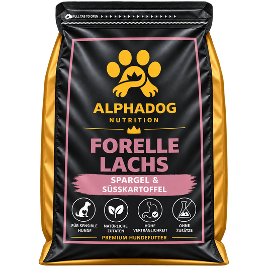Getreidefreies Trockenfutter für Senior 50% Forelle mit Lachs davon 30% frischem Forelle mit 24% Süßkartoffel, 3% Lachsöl, 6% Erbsen & Spargel - Omega 3, Gelenk