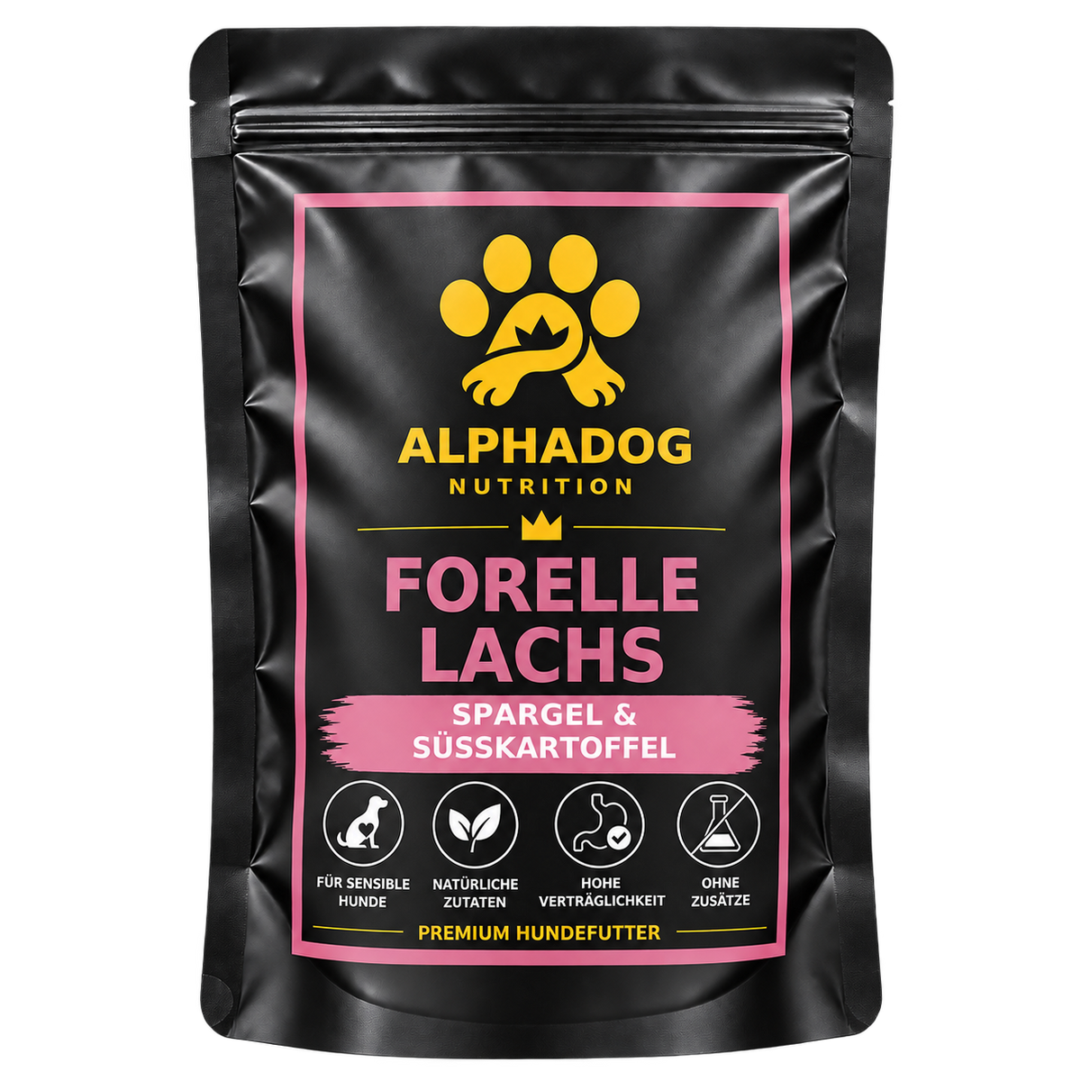 Getreidefreies Trockenfutter für Senior 50% Forelle mit Lachs davon 30% frischem Forelle mit 24% Süßkartoffel, 3% Lachsöl, 6% Erbsen & Spargel - Omega 3, Gelenk