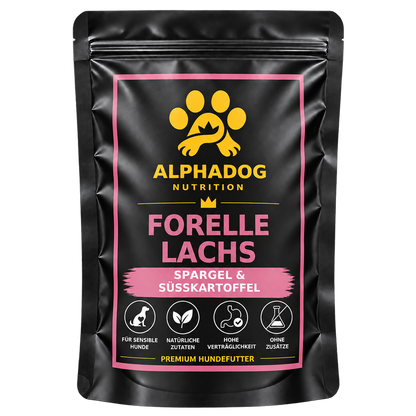 Getreidefreies Trockenfutter für Senior 50% Forelle mit Lachs davon 30% frischem Forelle mit 24% Süßkartoffel, 3% Lachsöl, 6% Erbsen & Spargel - Omega 3, Gelenk