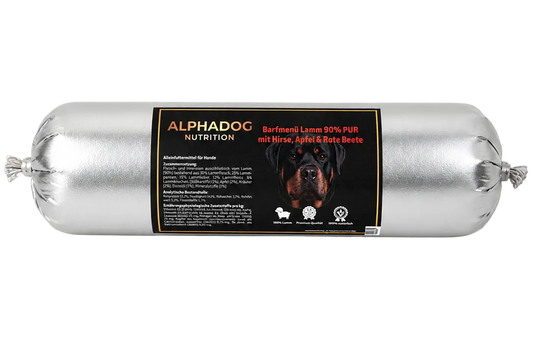 BARF Ergänzungswurst 90% Lamm PUR mit Süßkartoffel & Apfel - Hypoallergen, + Verdauung Alphadog Nutrition