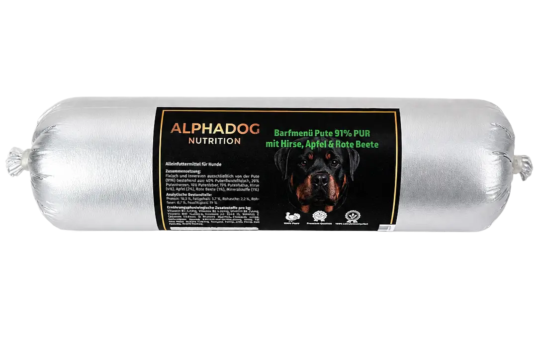 BARF Ergänzungswurst 90% Pute PUR mit Hirse & Apfel - Verdauung, + Immunsystem Alphadog Nutrition