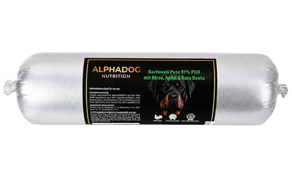 BARF Ergänzungswurst 90% Pute PUR mit Hirse & Apfel - Verdauung, + Immunsystem Alphadog Nutrition