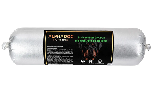 BARF Ergänzungswurst 90% Pute PUR mit Hirse & Apfel - Verdauung, + Immunsystem Alphadog Nutrition