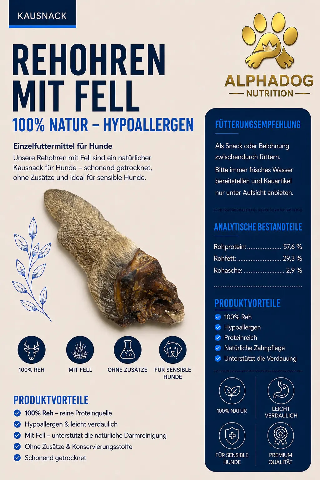 Premium 100% Rehohren mit Fell - Hypoallergene Alphadog Nutrition