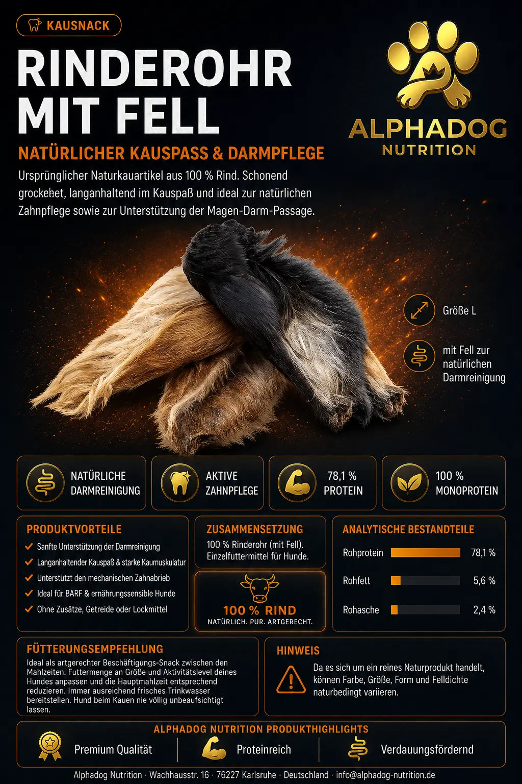 Premium XL Packung 100% Rinderohr mit Fell - Darmpflege Alphadog Nutrition