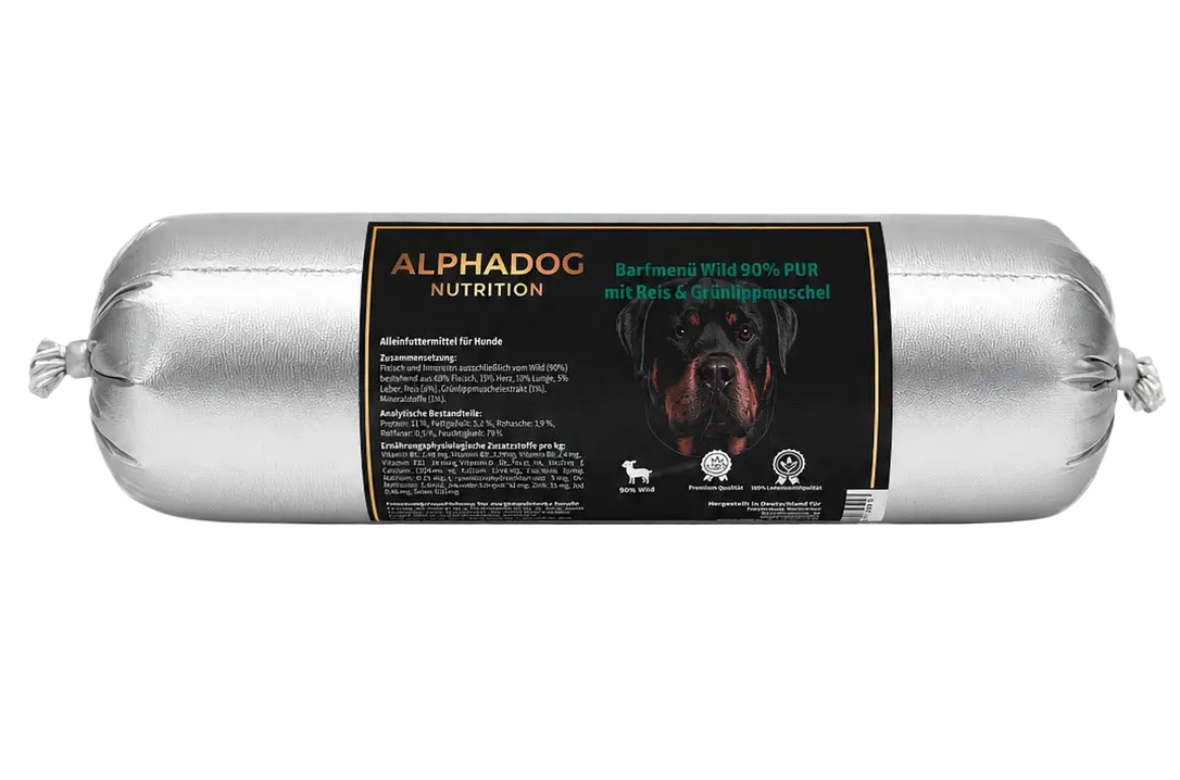 BARF Ergänzungswurst 90% Wild PUR mit Reis & Grünlippmuschel - Gelenkschutz, + Mobilität Alphadog Nutrition
