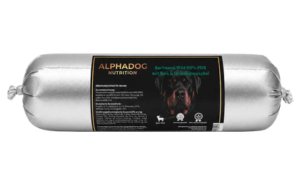 BARF Ergänzungswurst 90% Wild PUR mit Reis & Grünlippmuschel - Gelenkschutz, + Mobilität Alphadog Nutrition