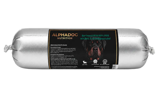 BARF Ergänzungswurst 90% Wild PUR mit Reis & Grünlippmuschel - Gelenkschutz, + Mobilität Alphadog Nutrition